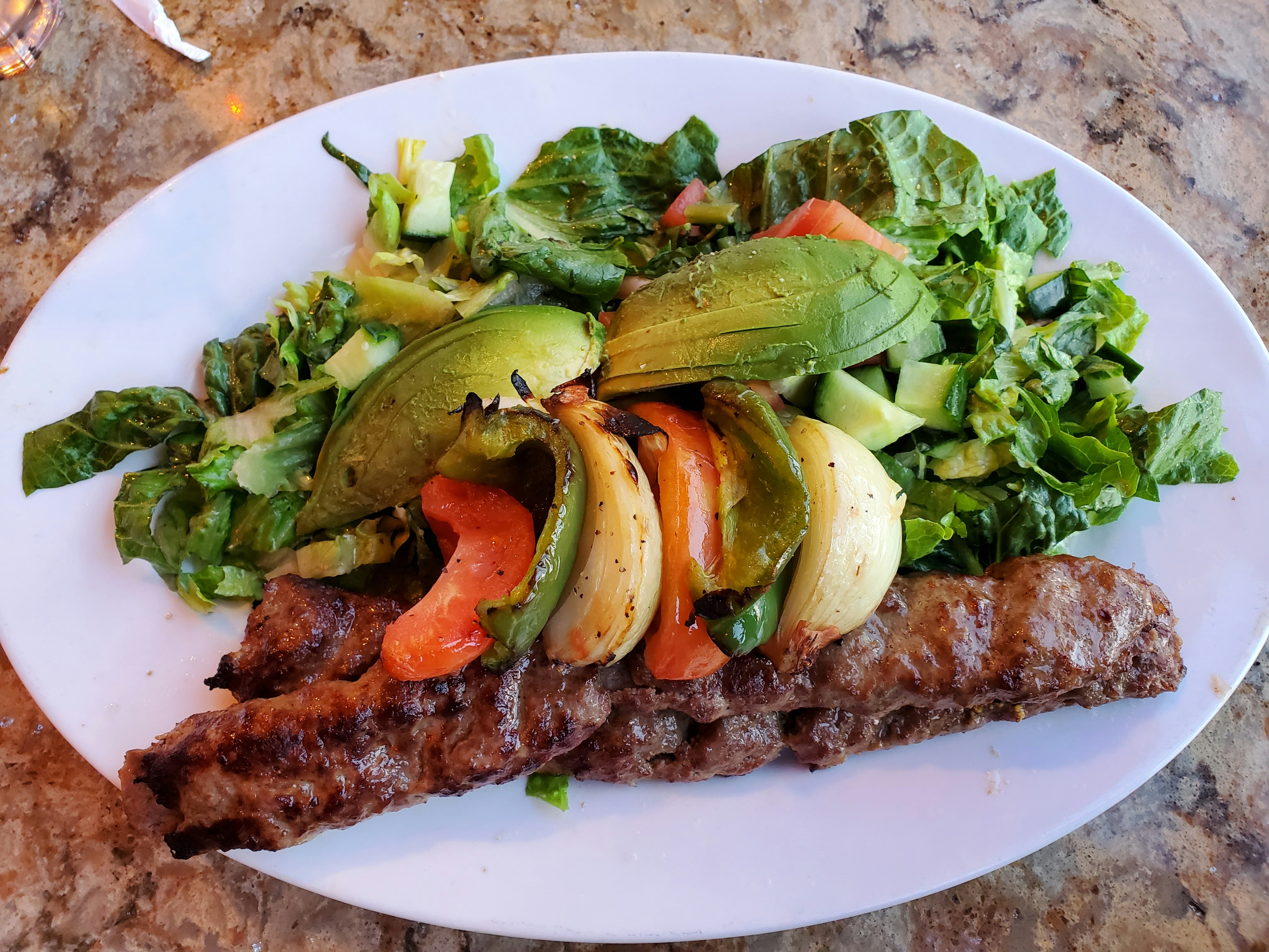 Kebab with grilled vegetables and salad