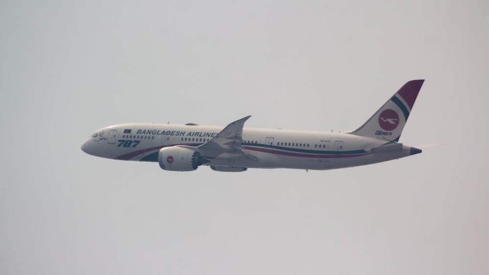 a large passenger jet flying through a cloudy sky