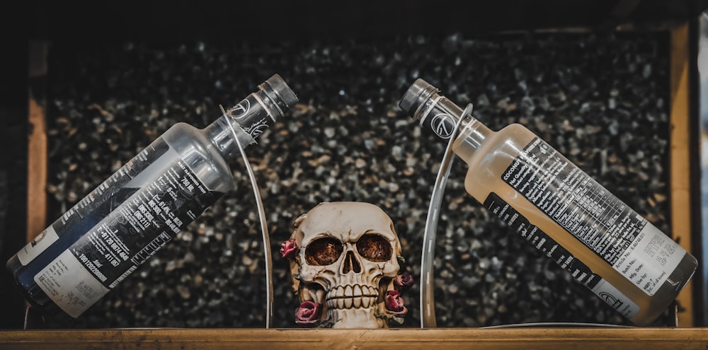 a skull sitting on top of a wooden table