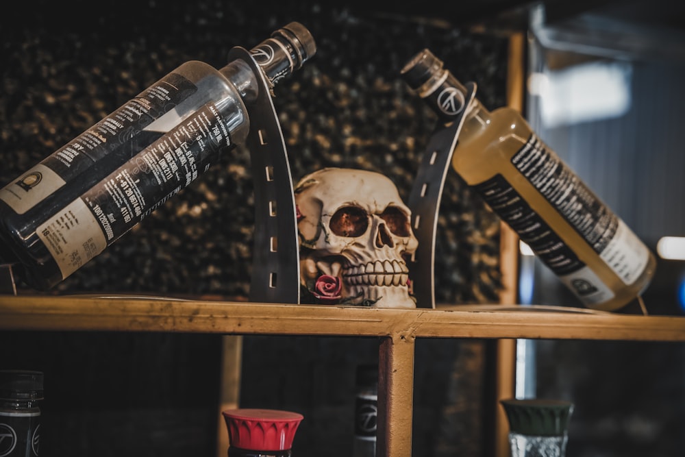 a skull sitting on top of a wooden shelf