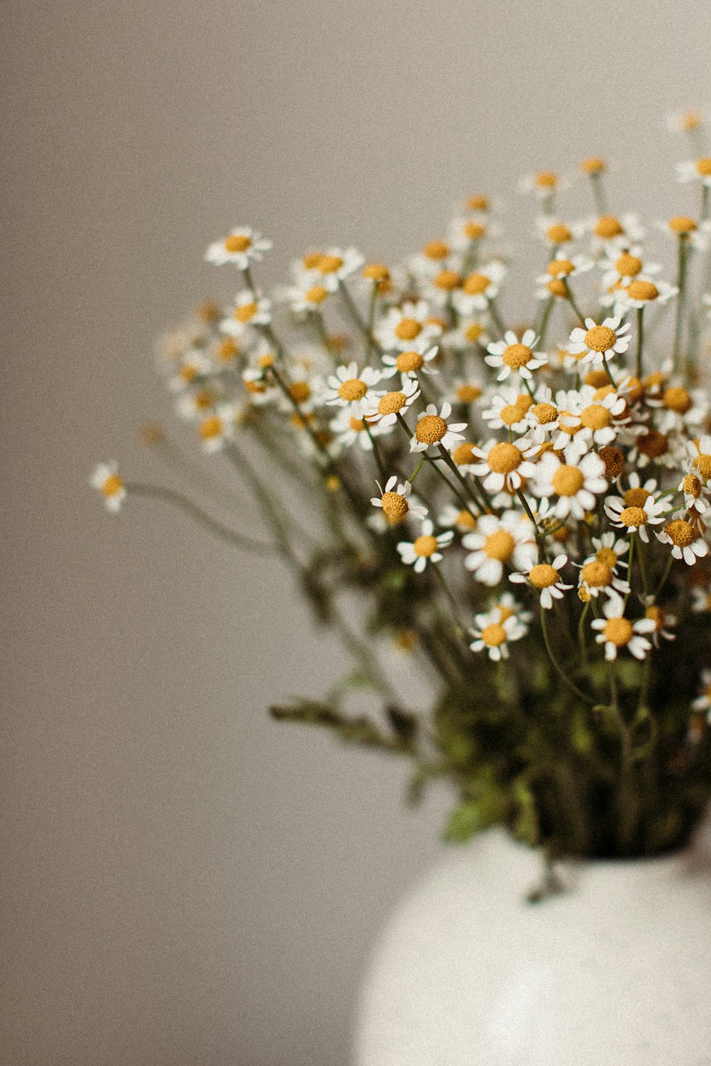 a white vase filled with lots of white and yellow flowers