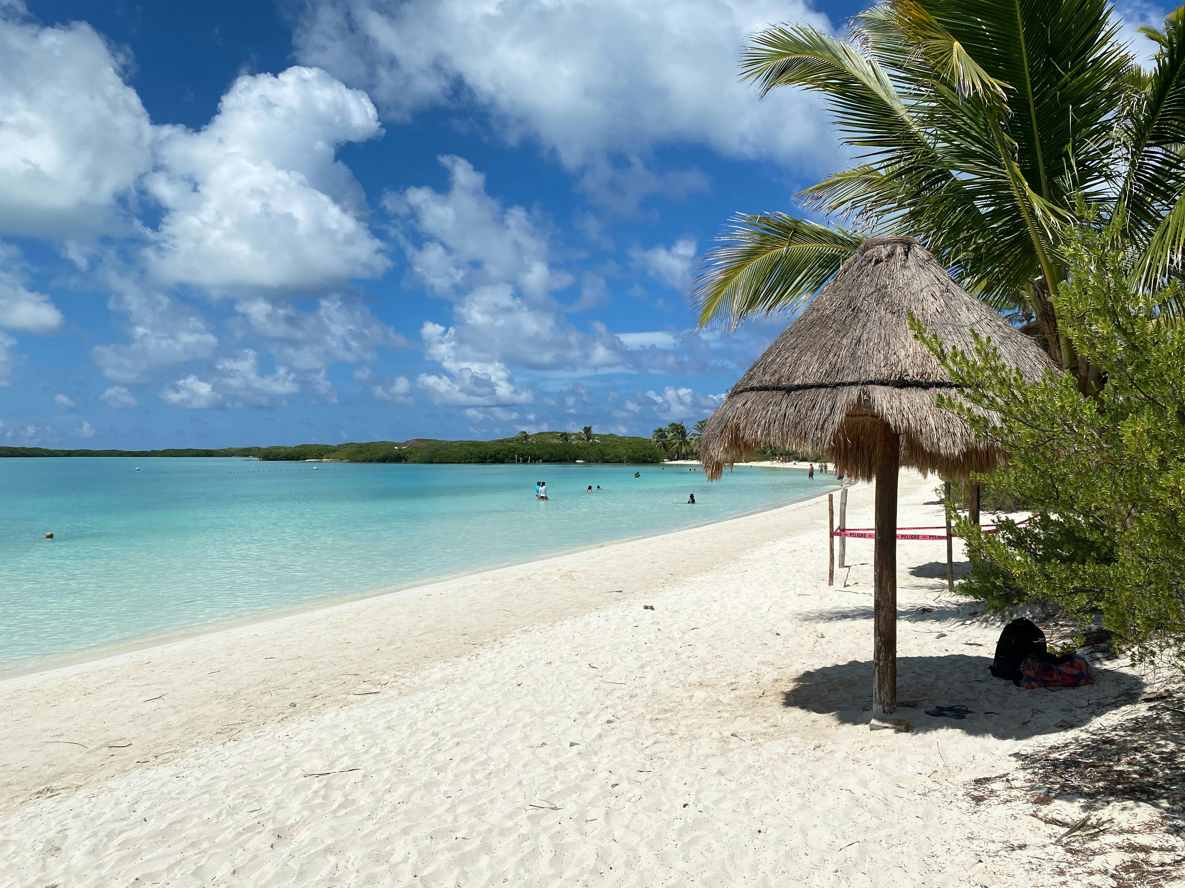 a beach with a thatched umbrella and people in the water