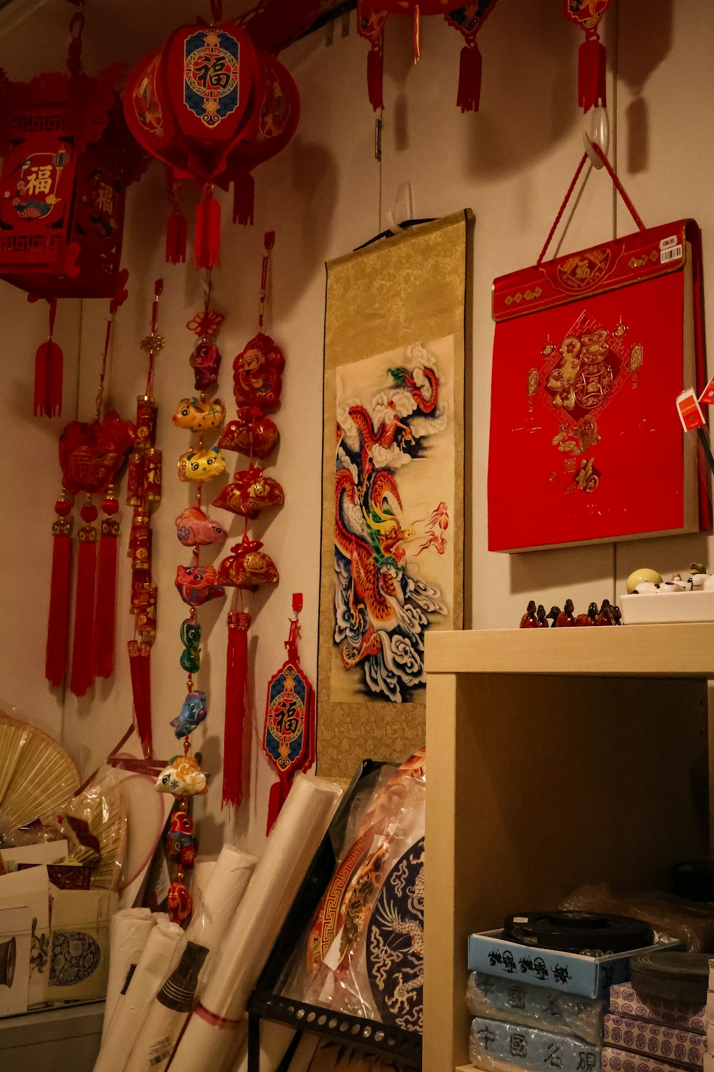 a room filled with lots of red decorations