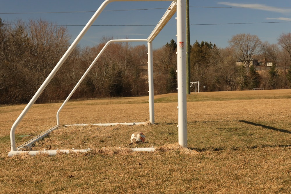 a soccer goal and a soccer ball in a field