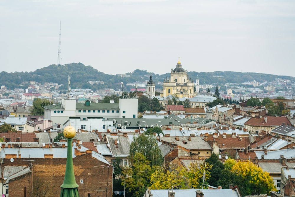 a view of a city with a clock tower