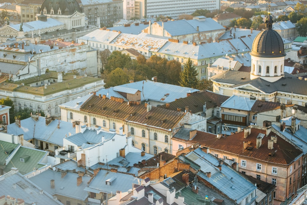 an aerial view of a city with many buildings