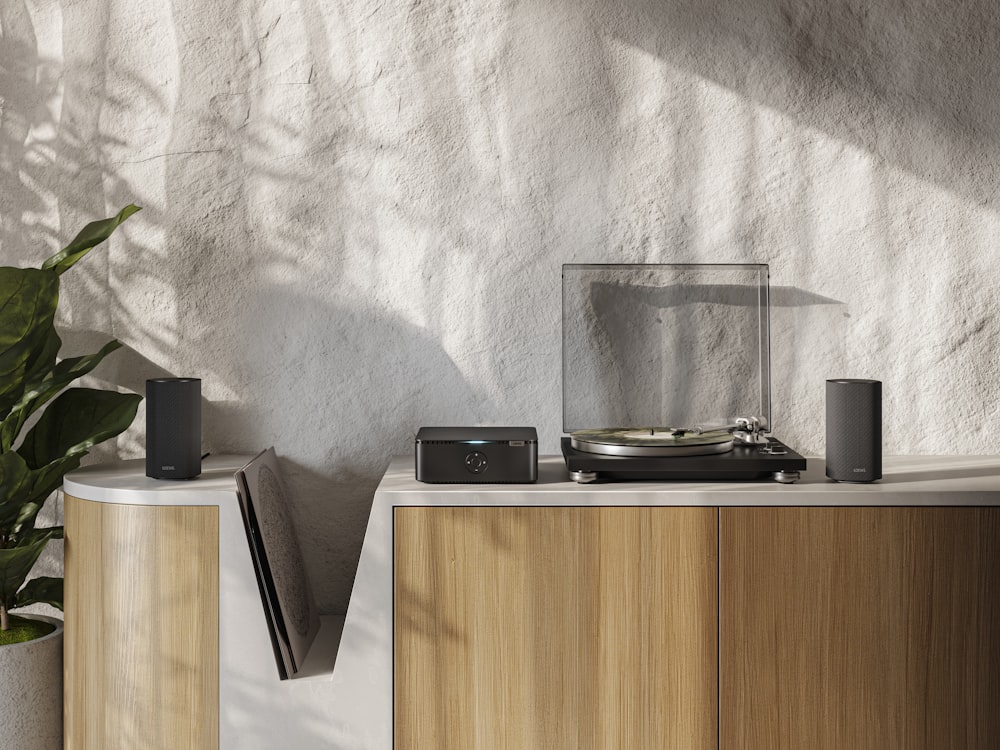 a record player sitting on top of a counter next to a potted plant