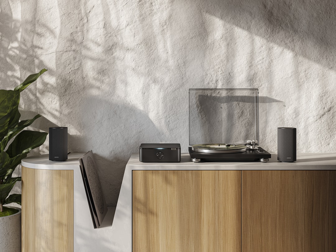a record player sitting on top of a counter next to a potted plant, Loewe multi.room amp. Loewe Technology GmbH.