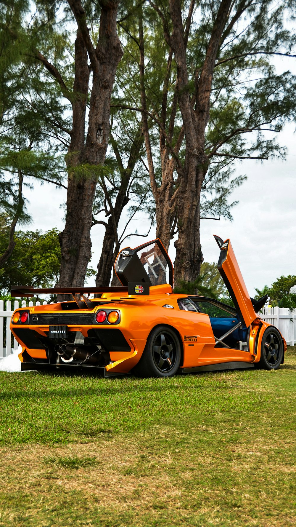 um carro esportivo laranja estacionado na grama