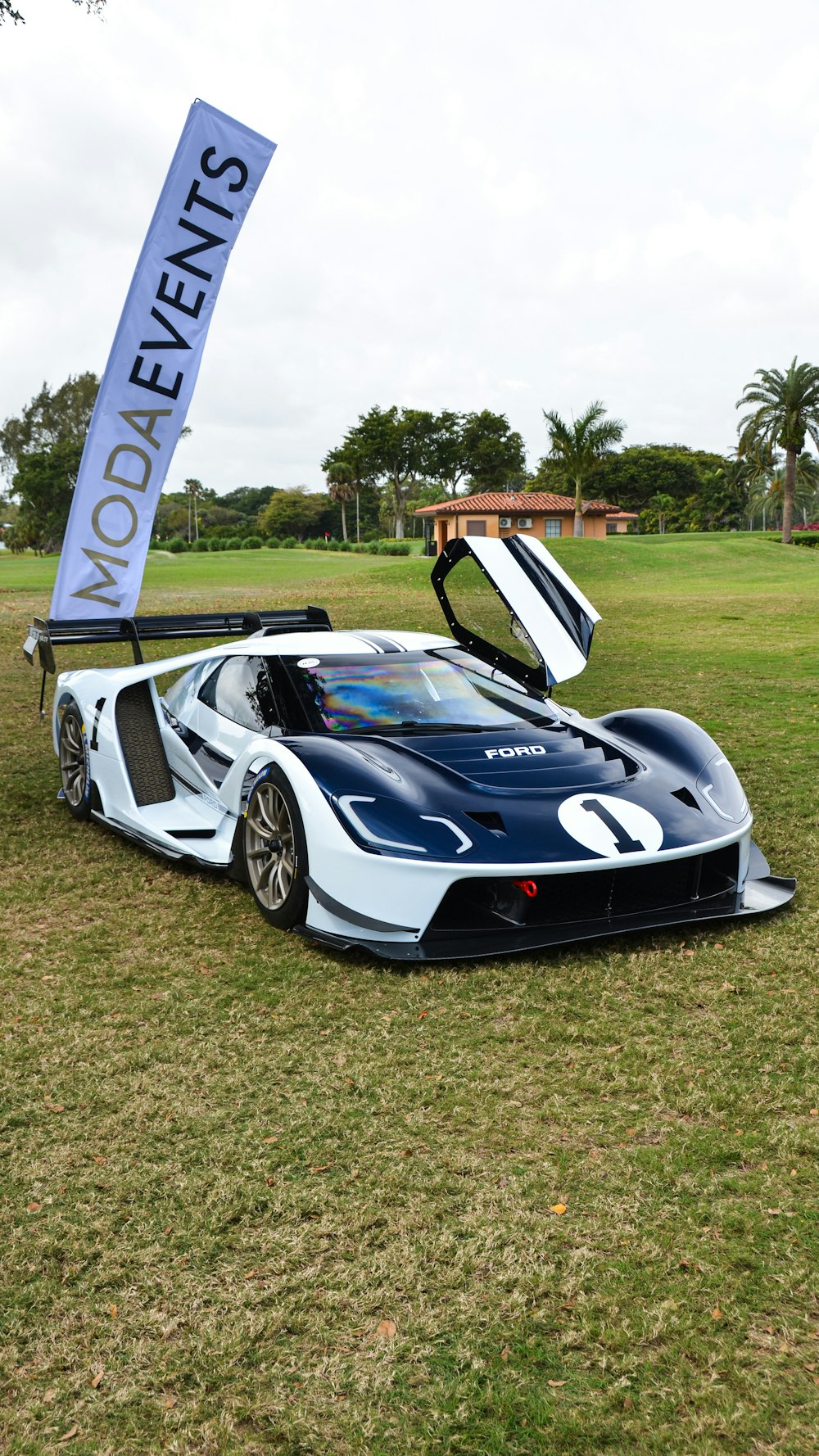 Un coche de carreras blanco y negro aparcado en lo alto de un exuberante campo verde