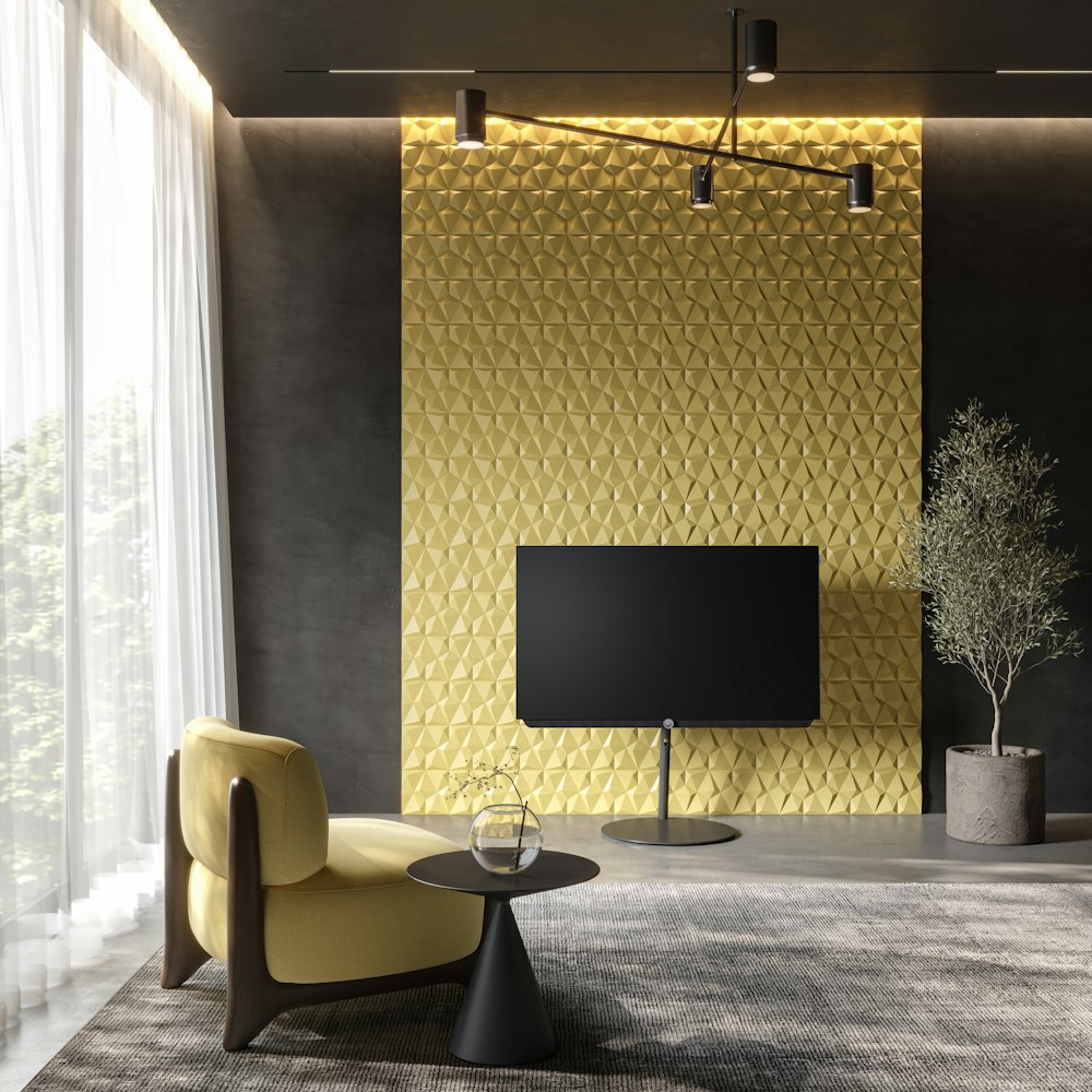 Un soggiorno moderno con TV a grande schermo