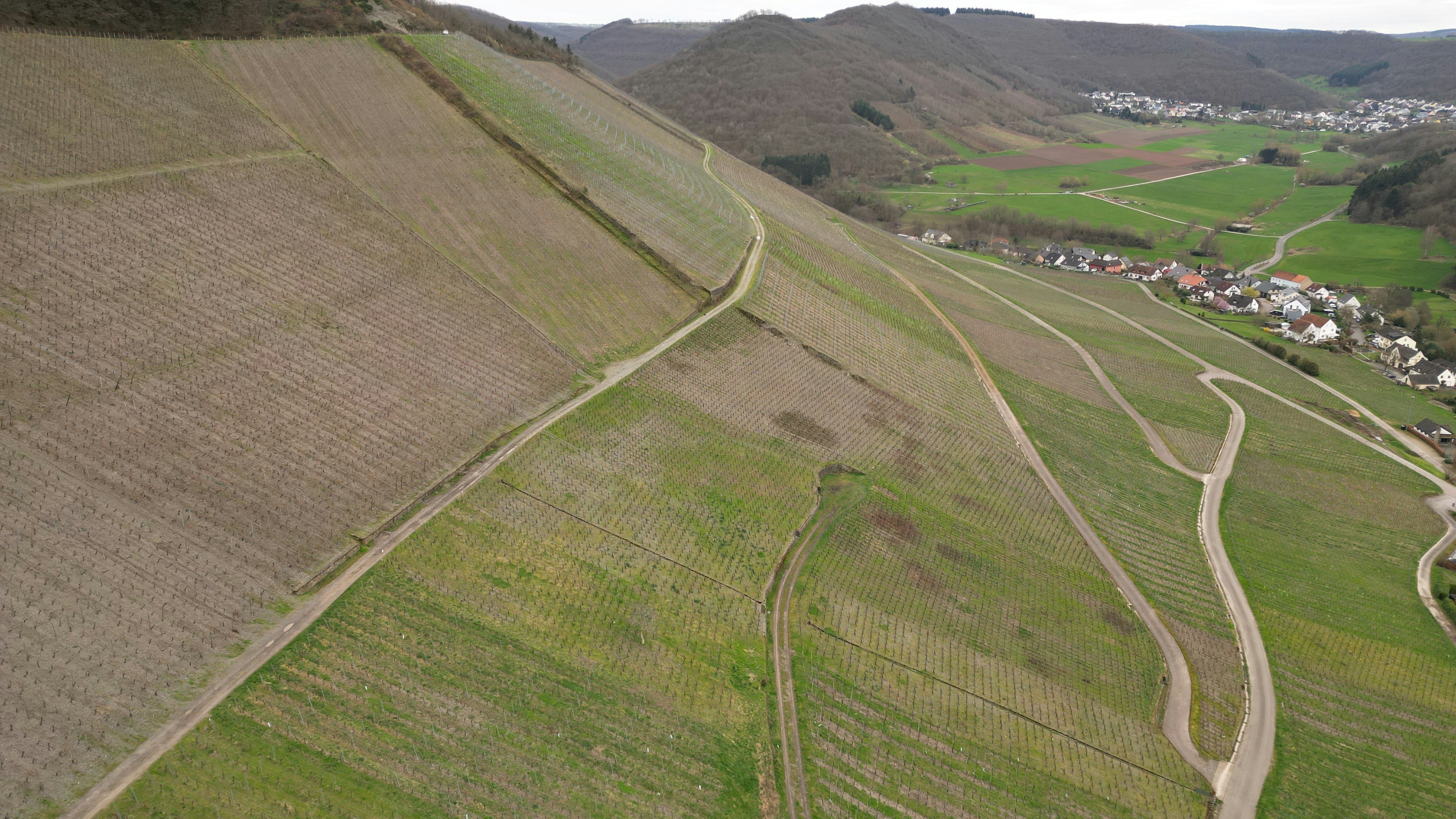 une vue aérienne d’une zone rurale avec une route sinueuse