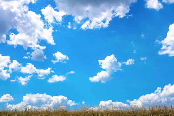 a blue sky with white clouds above a grassy field