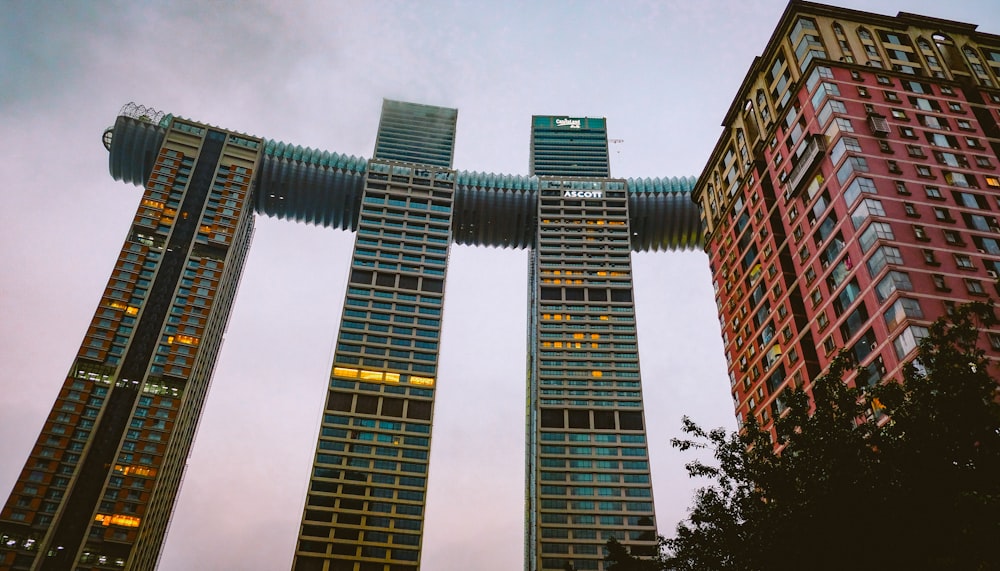 a group of tall buildings in a city