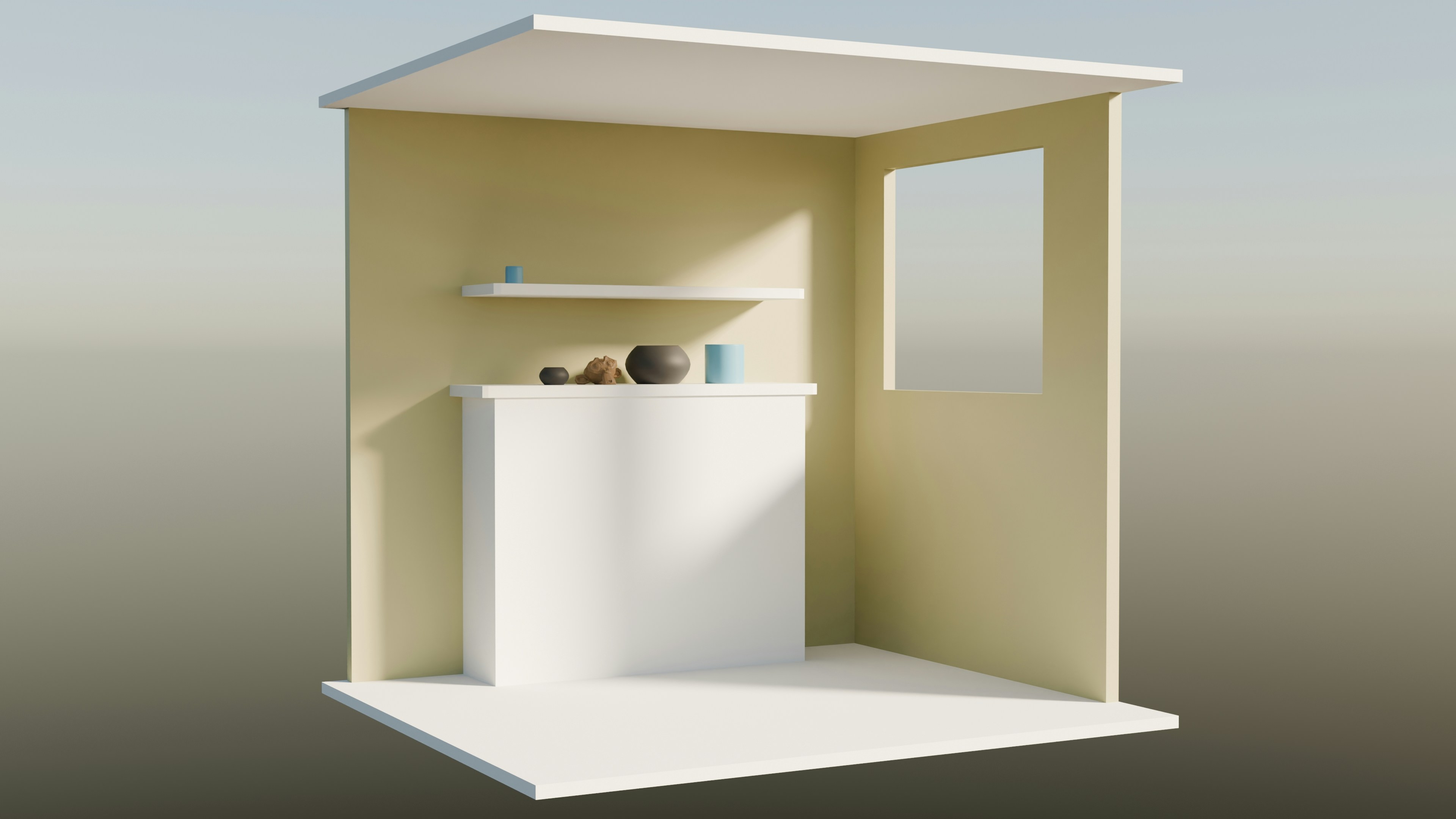 Minimal interior with ceramic vases on a pale shelf near a window