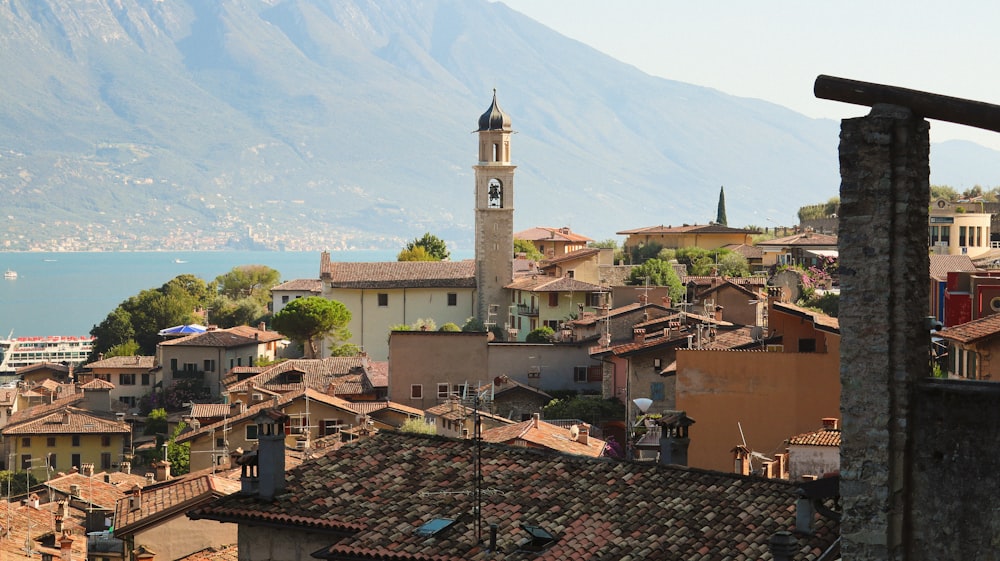 a view of a city with mountains in the background