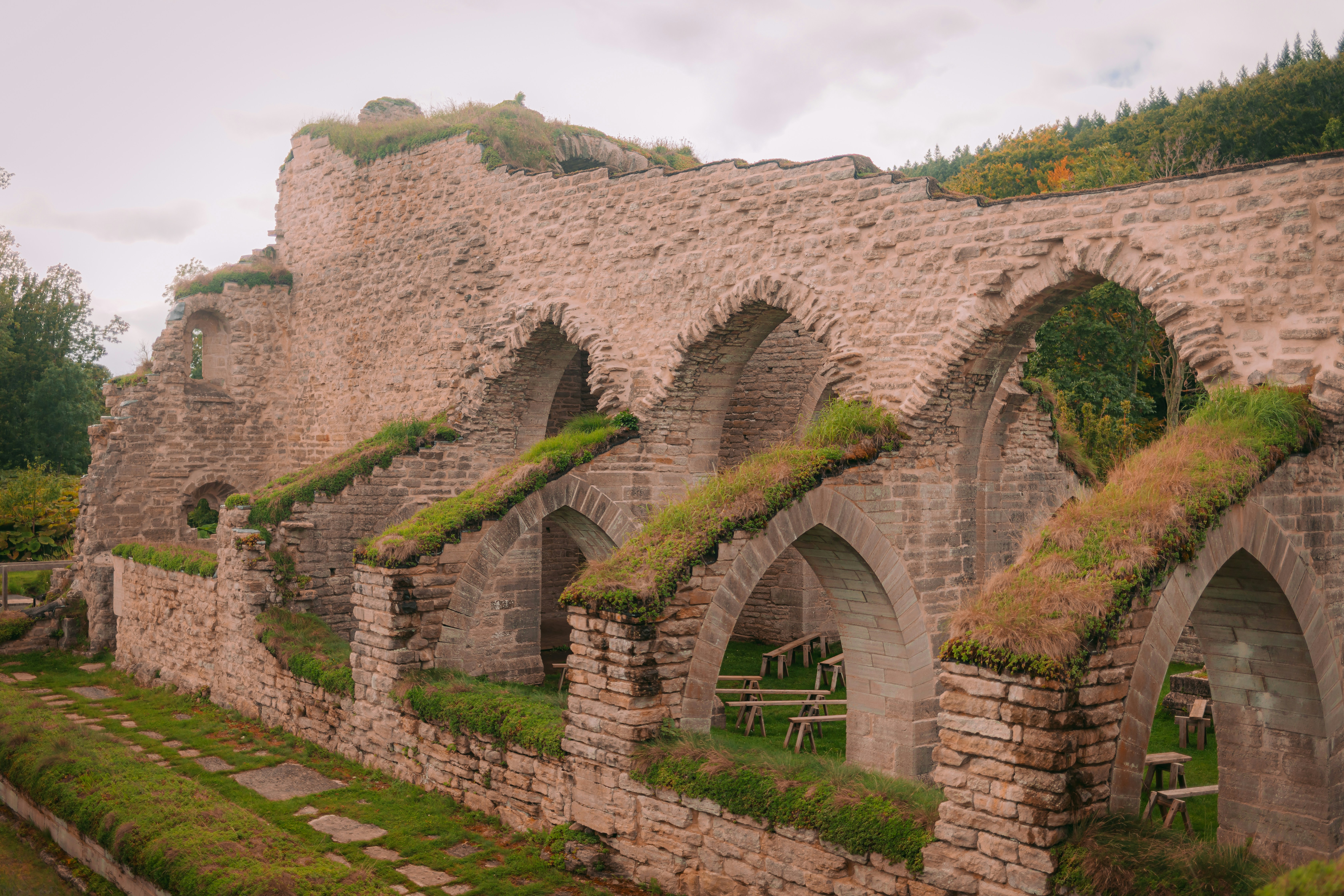 a row of stone arches with grass growing on them