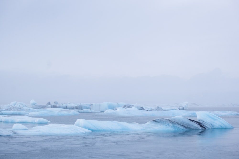 a large group of icebergs floating in the water