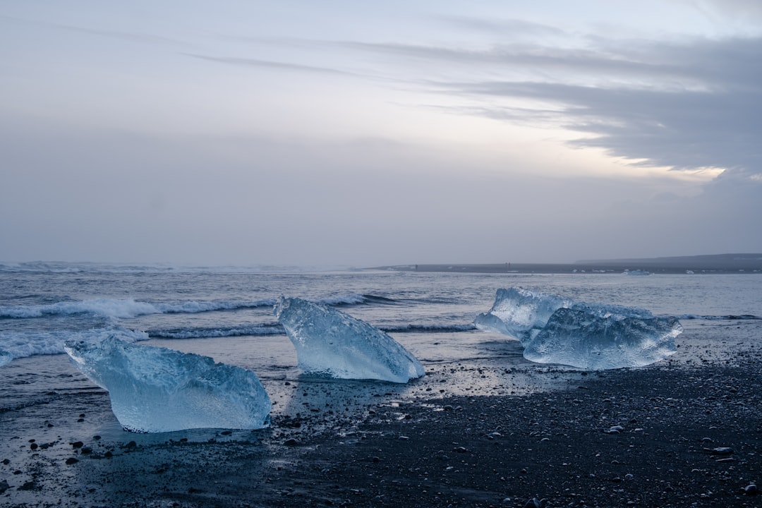 a group of icebergs floating on top of a body of water,