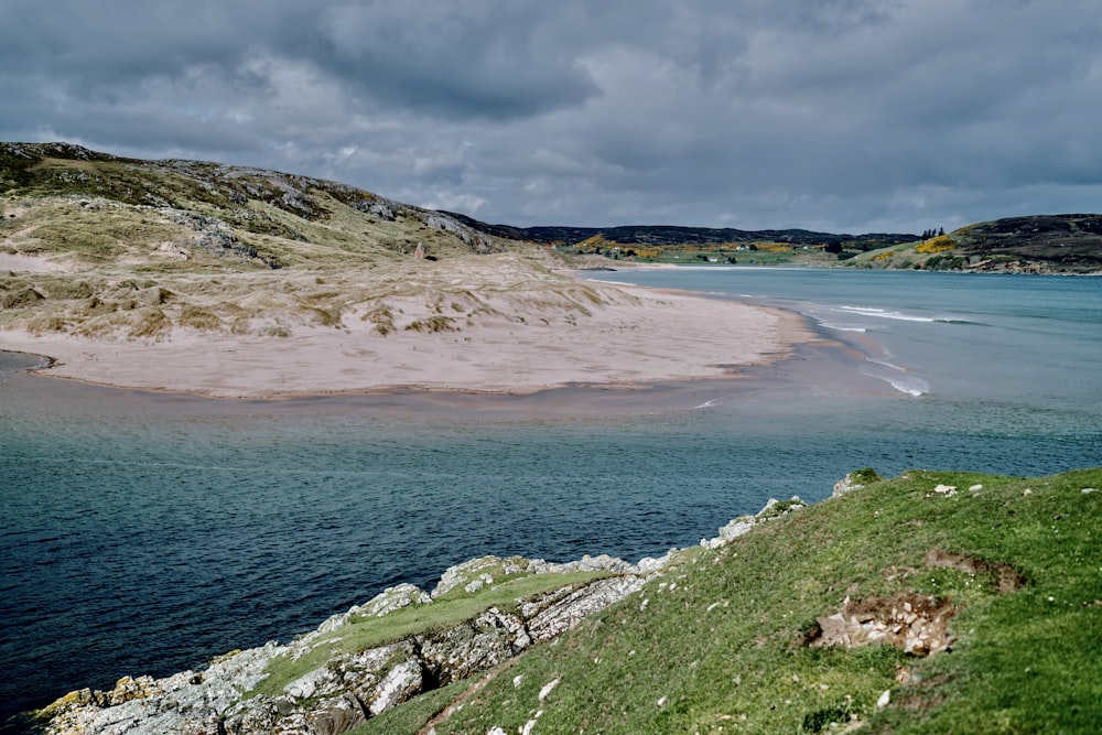 a body of water sitting next to a lush green hillside