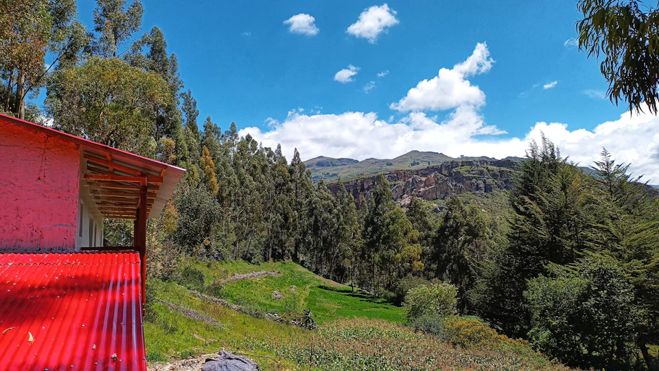 The image depicts a serene landscape with a red-roofed building nestled amidst lush greenery, including trees and bushes. The perspective is from a high vantage point, providing a sweeping view of the surrounding area that includes mountains in the distance under a clear blue sky dotted with fluffy white clouds.

There are no discernible texts or human figures present in the image.