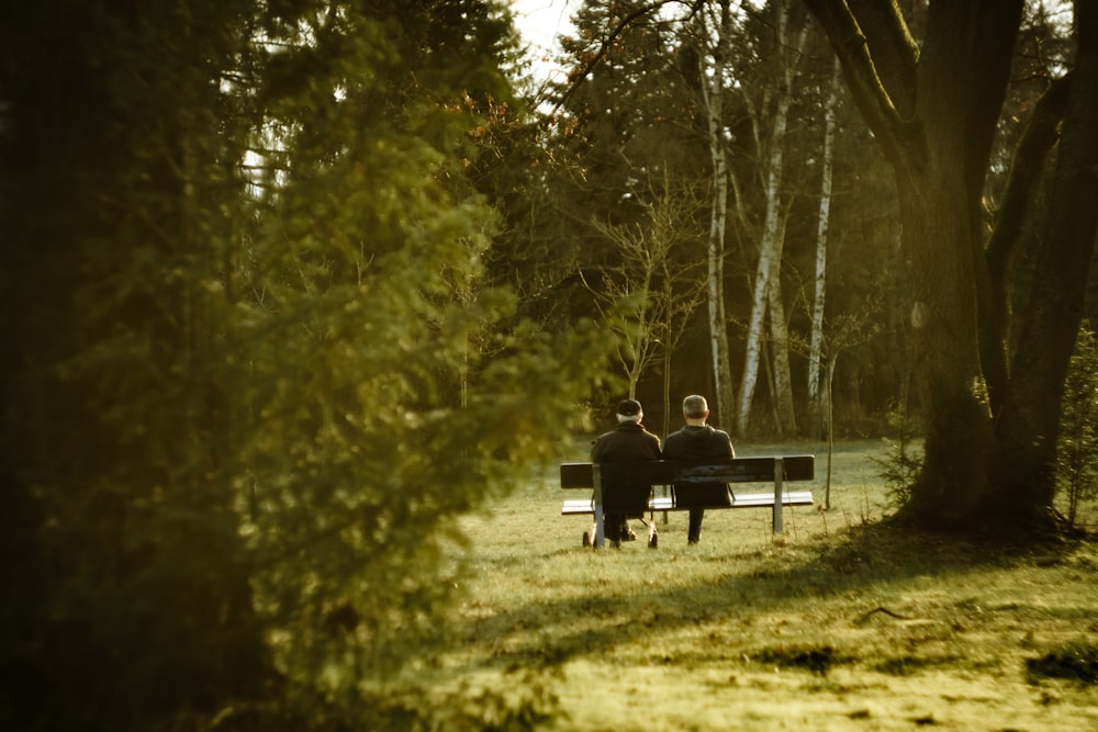 two people sitting on a bench in a park