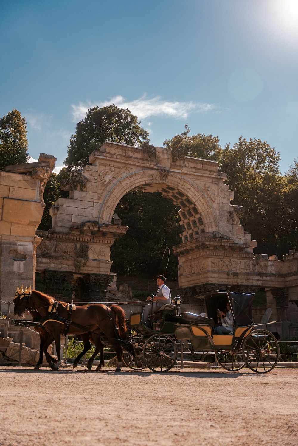 two horses pulling a carriage down a dirt road