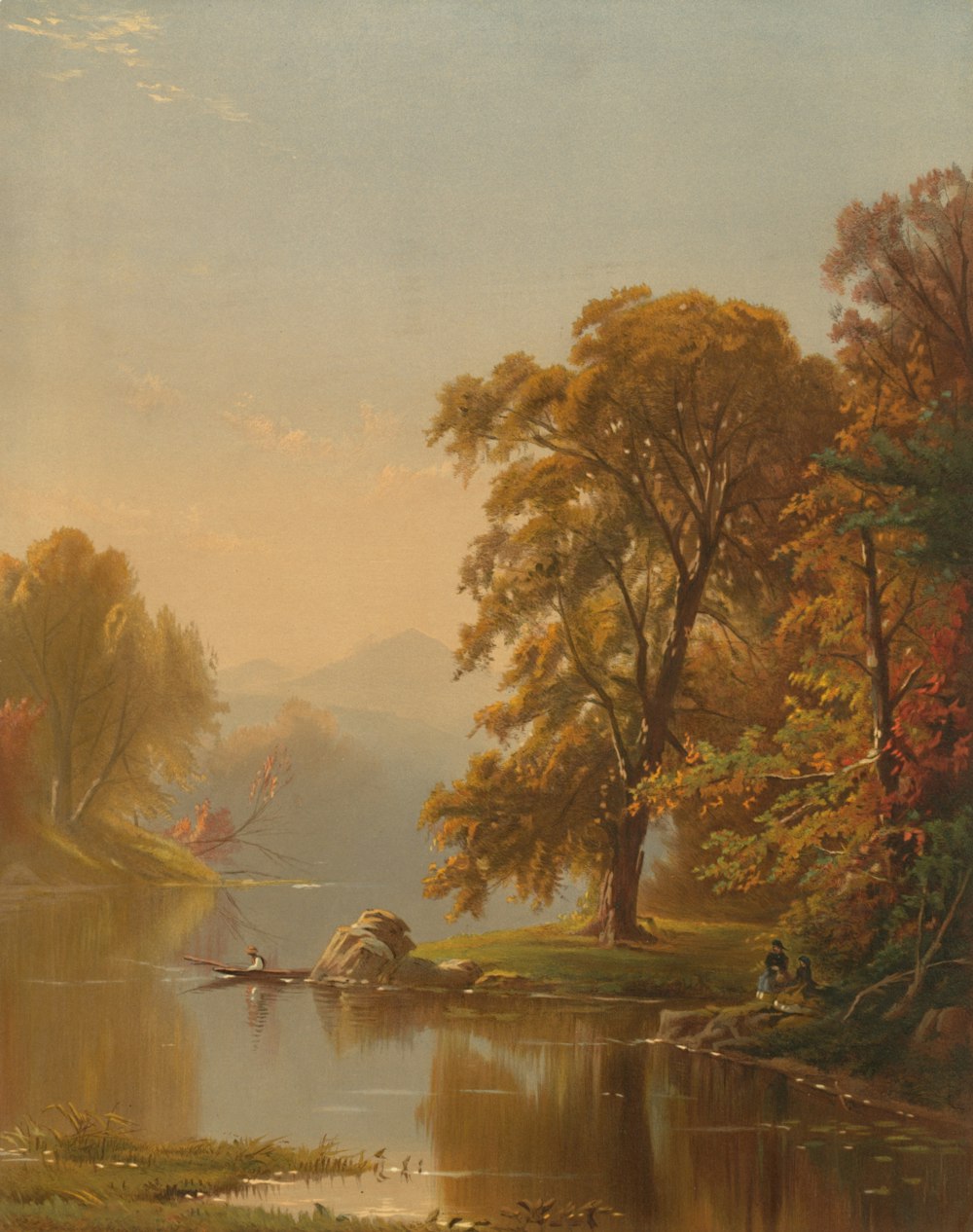 a painting of a lake surrounded by trees