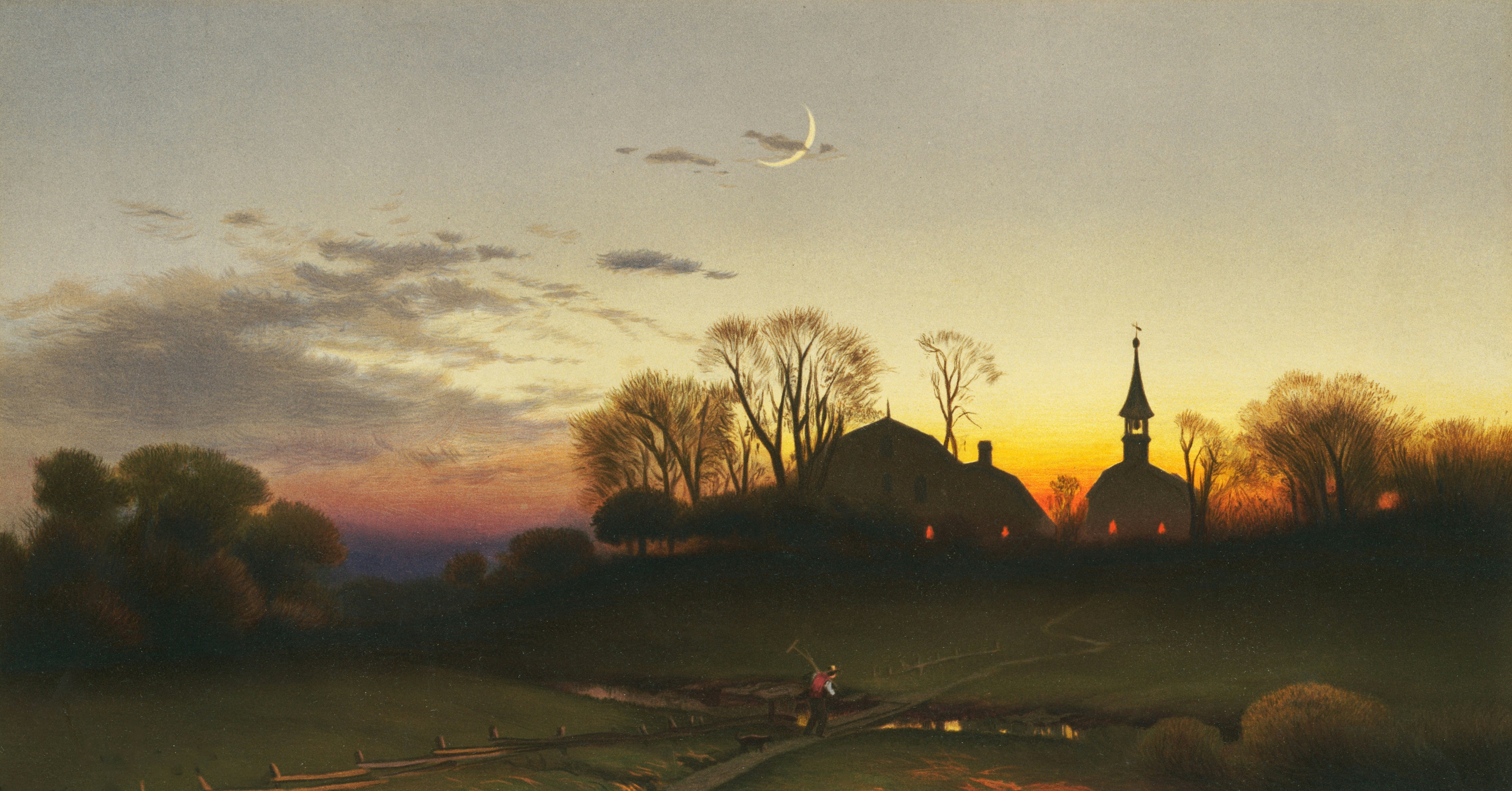 a painting of a sunset with a church in the distance