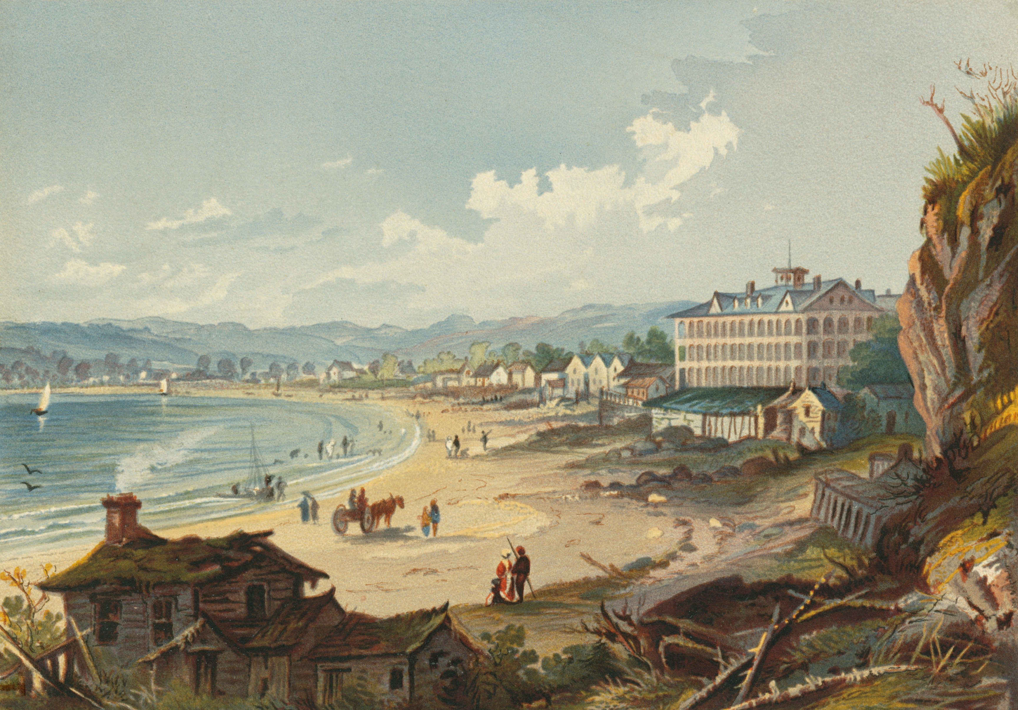 a painting of a beach with people on it