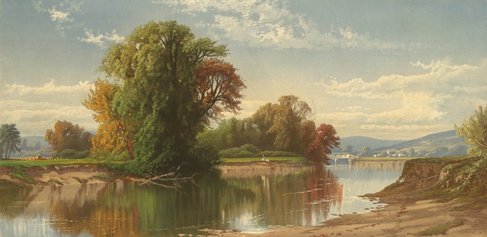 a painting of a river with trees in the background