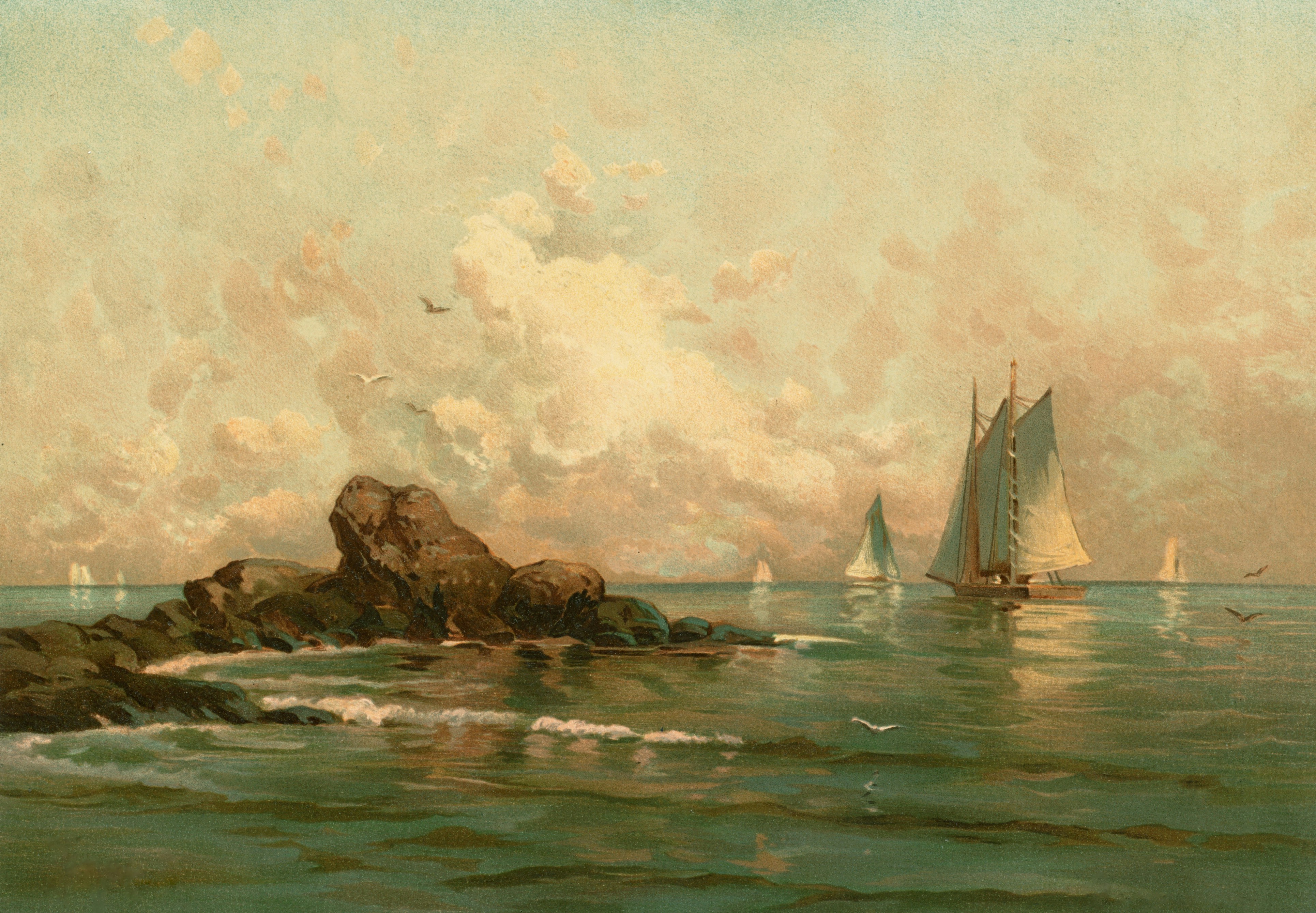 * antique picture ❀ * 海原に浮かぶヨット 水彩画 antique picture ❀ * 海原に浮かぶヨット 水彩画 - メルカリ