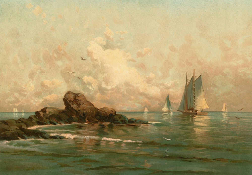 a painting of sailboats in the ocean