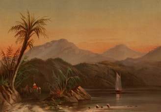 a painting of a tropical scene with a sailboat in the water