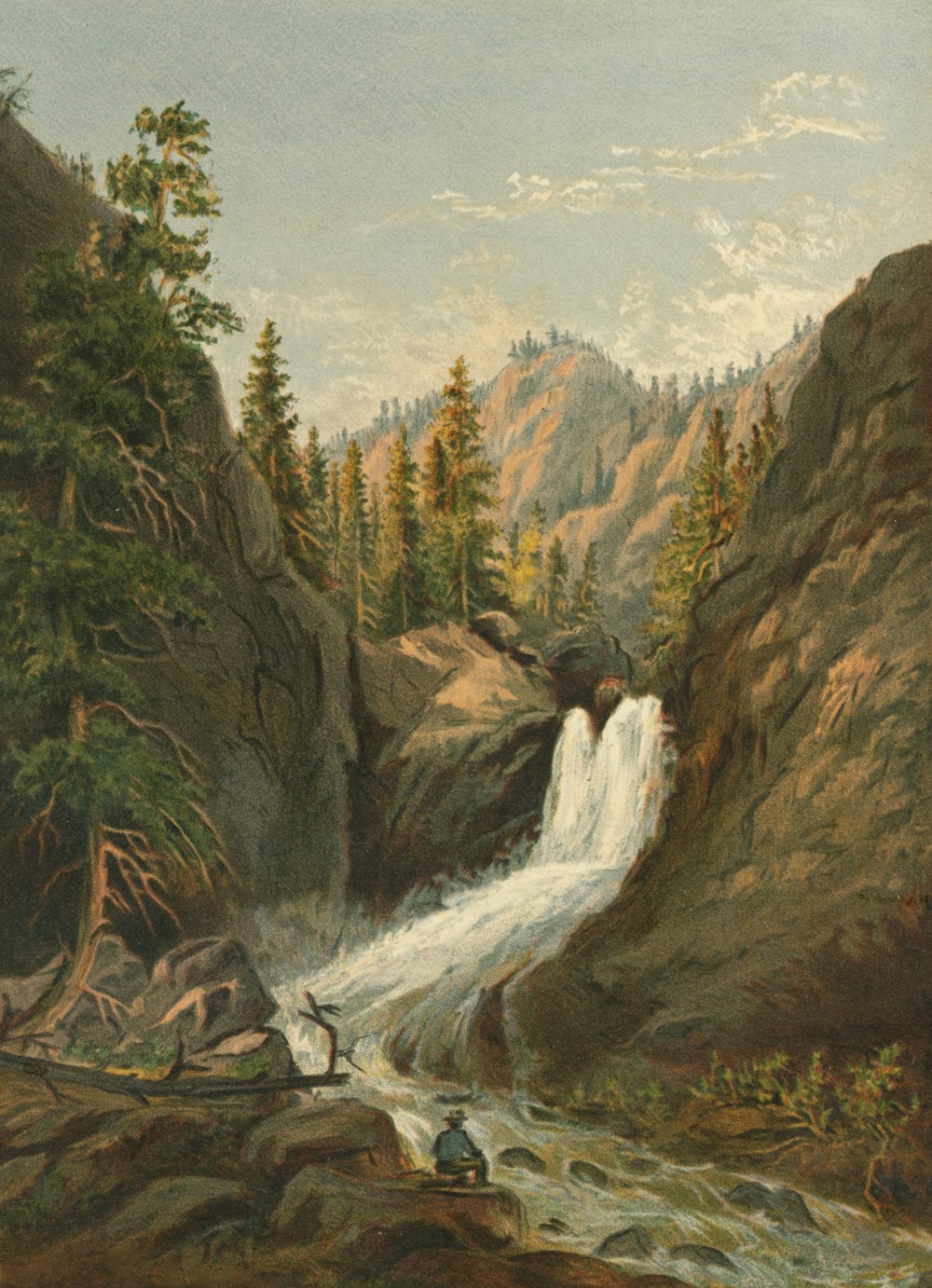 a painting of a waterfall in the mountains