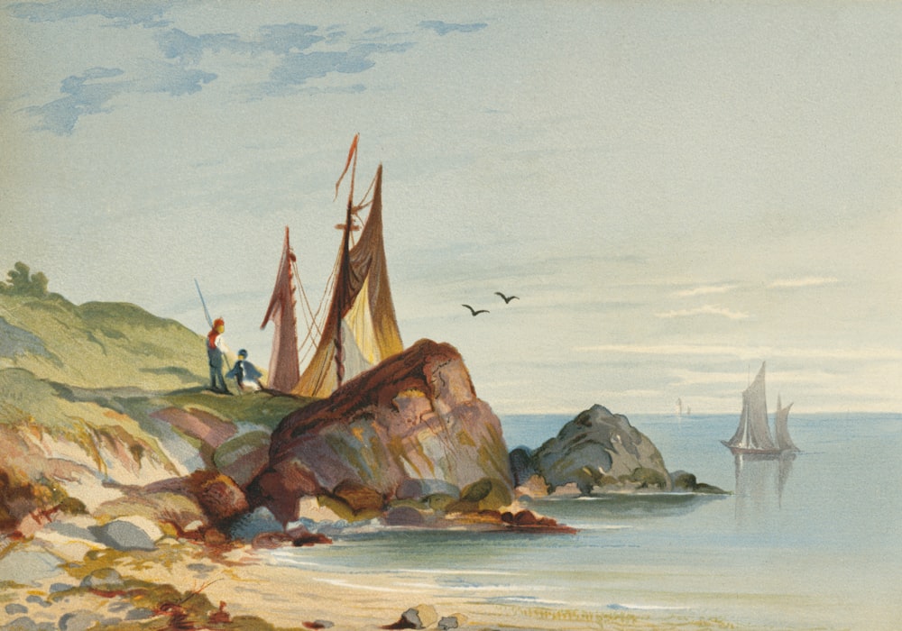 a painting of a boat on a rocky shore