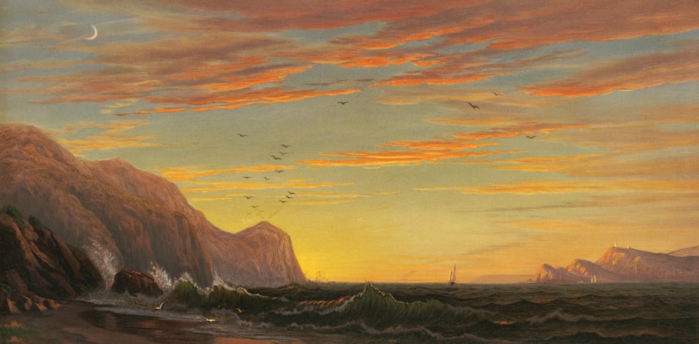 a painting of a sunset over the ocean