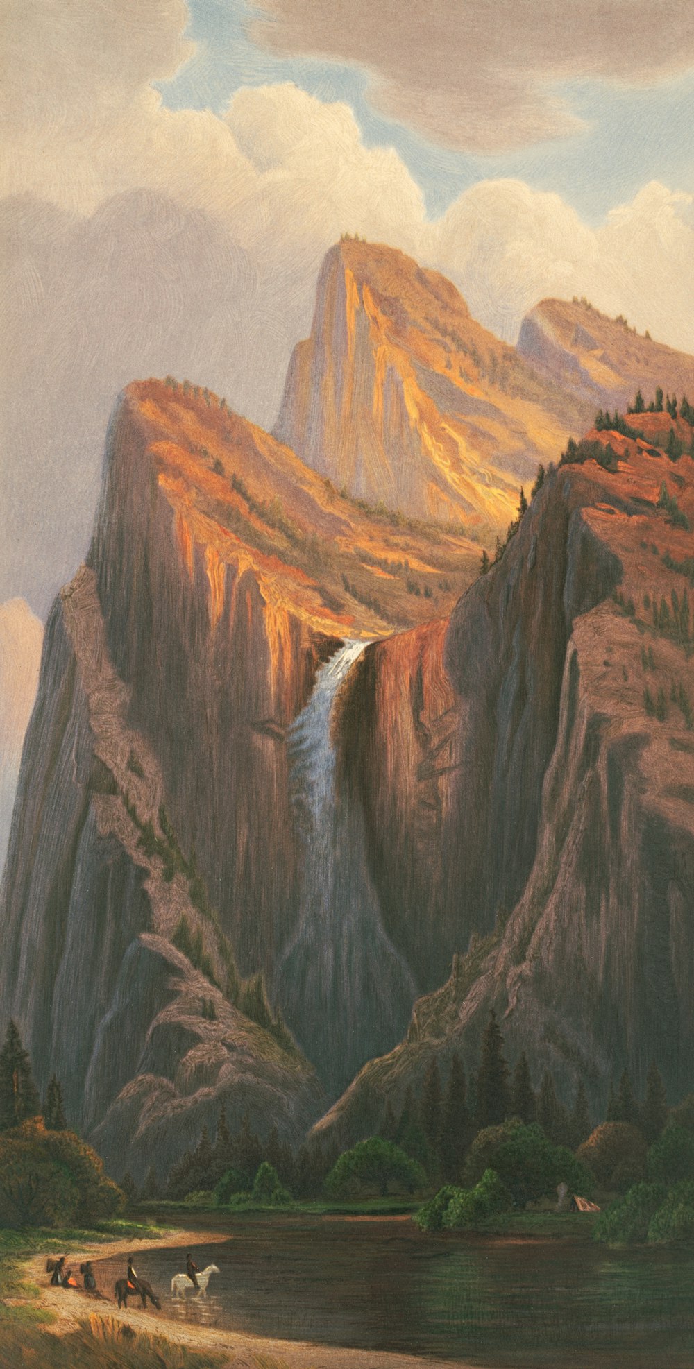 a painting of a mountain with a waterfall