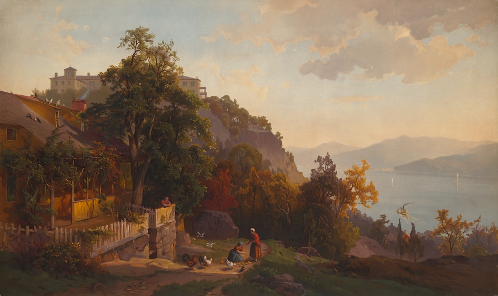 a painting of a woman and a child on a path