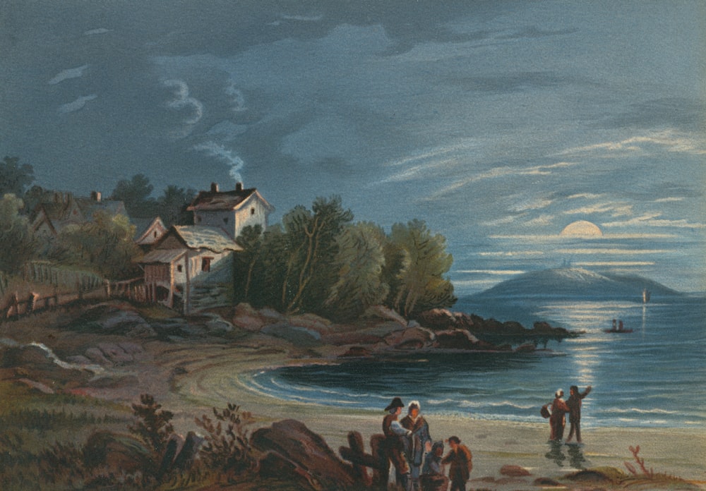 a painting of people on a beach at night
