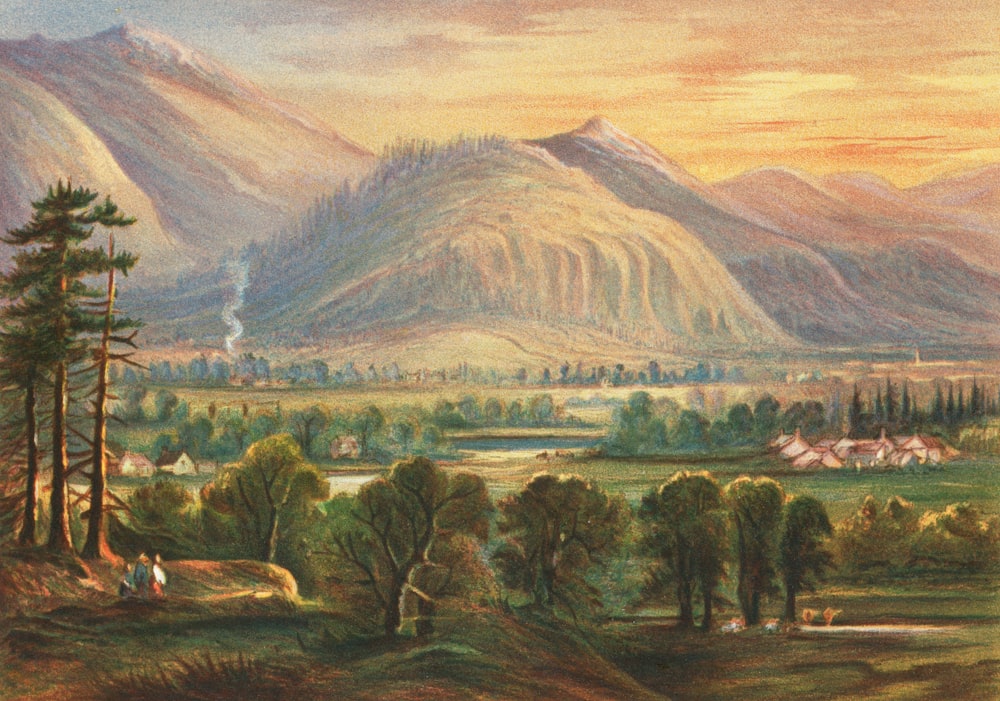 a painting of a mountain scene with a river