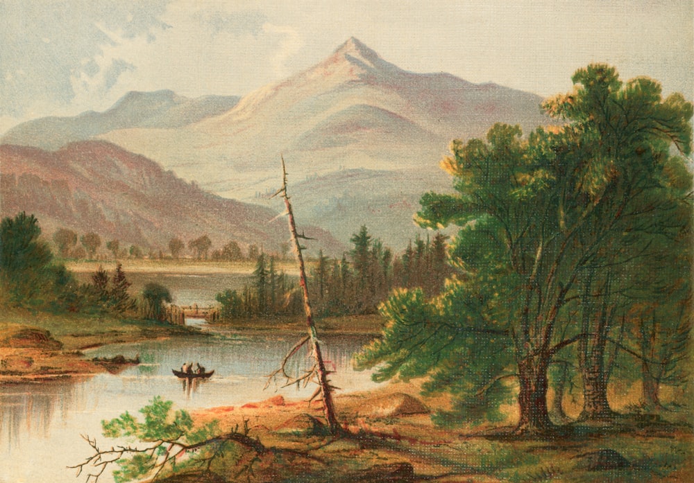 a painting of a mountain lake with a boat in it