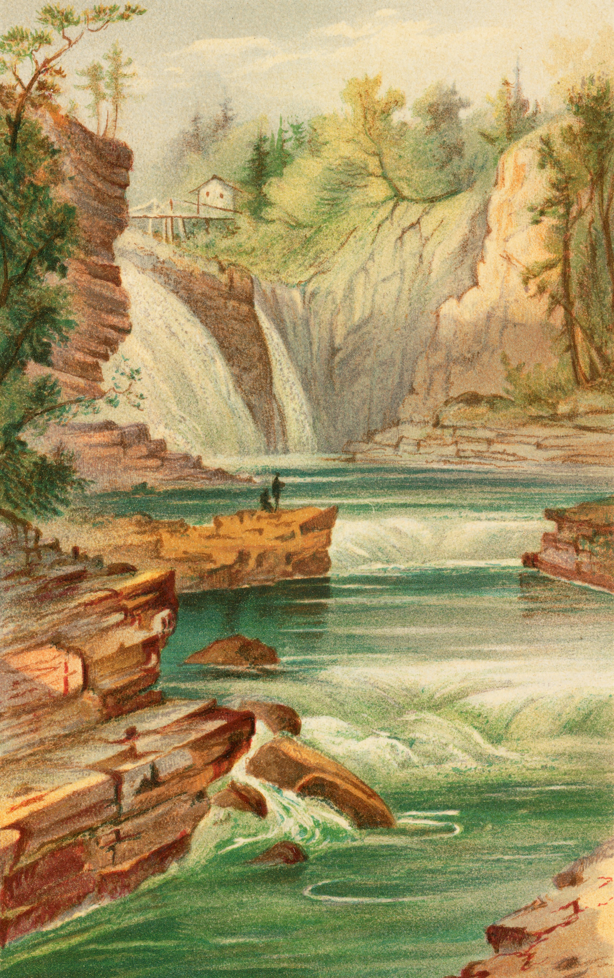 a painting of a man standing on a cliff overlooking a waterfall