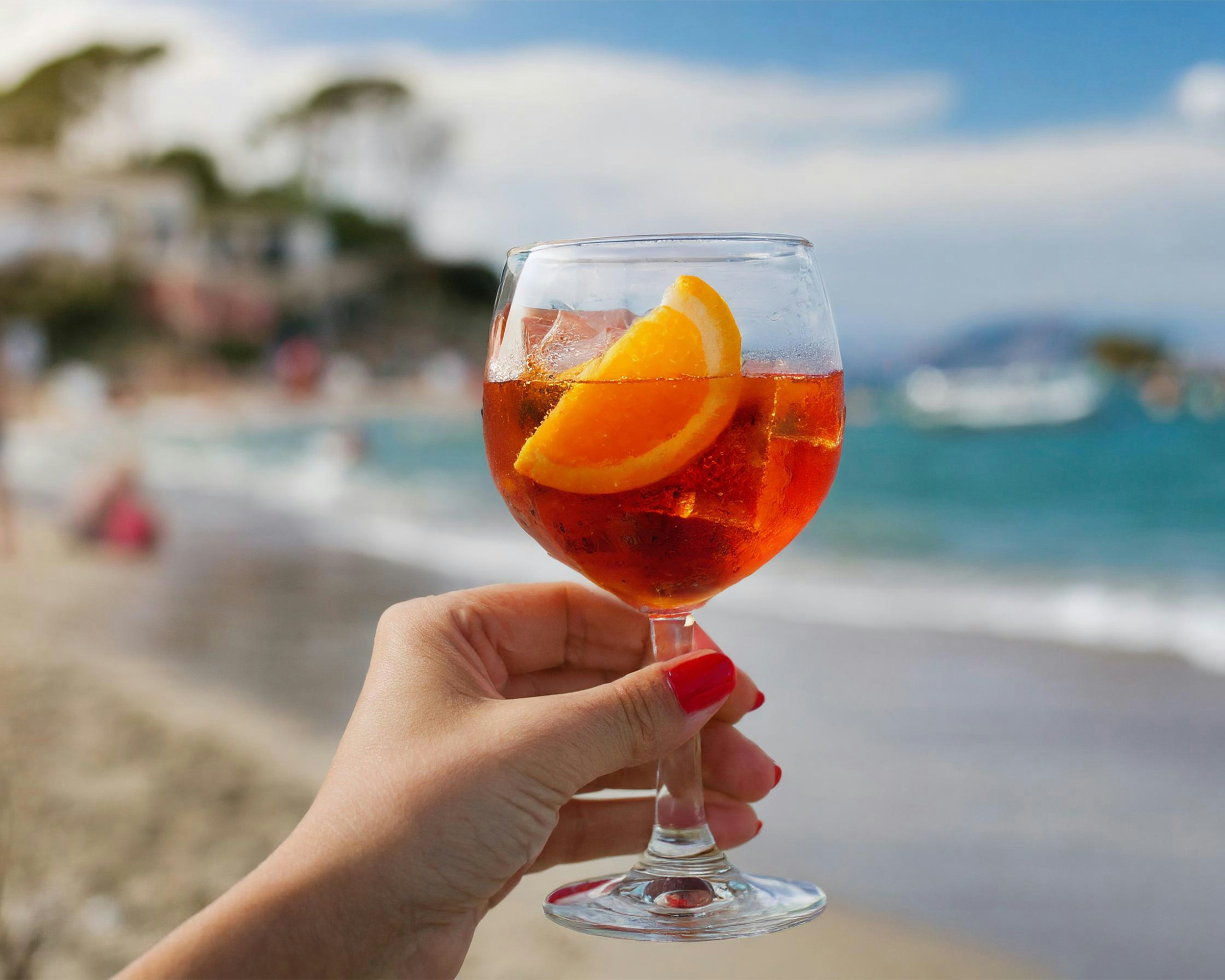 a person holding a wine glass with a drink in it