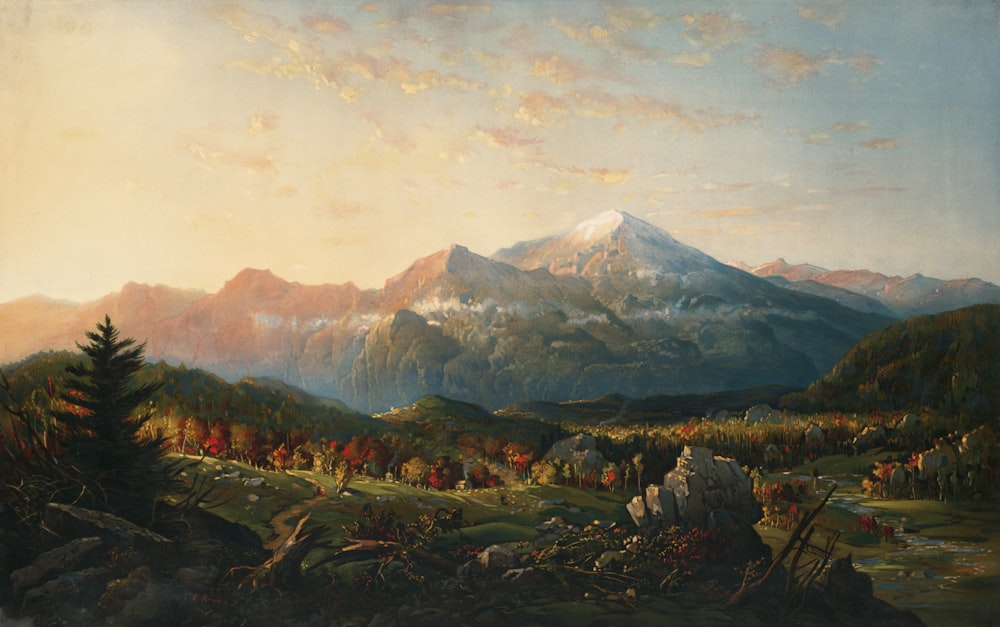uma pintura de uma cena de montanha com um pôr do sol