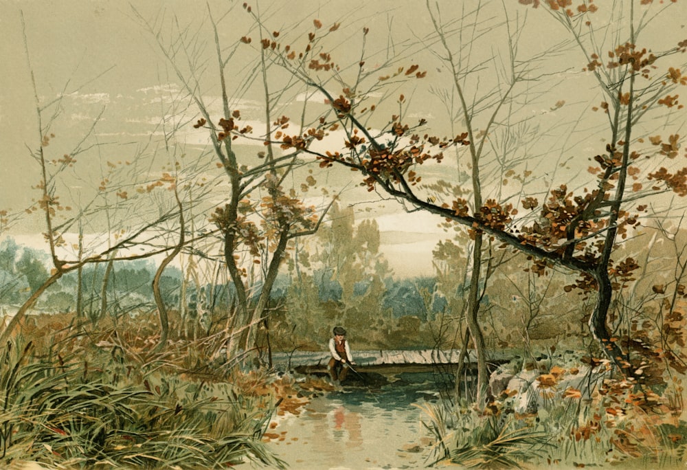a painting of a person sitting on a bridge over a river