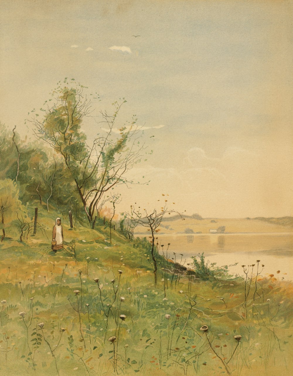 a painting of a person standing on a hill overlooking a body of water