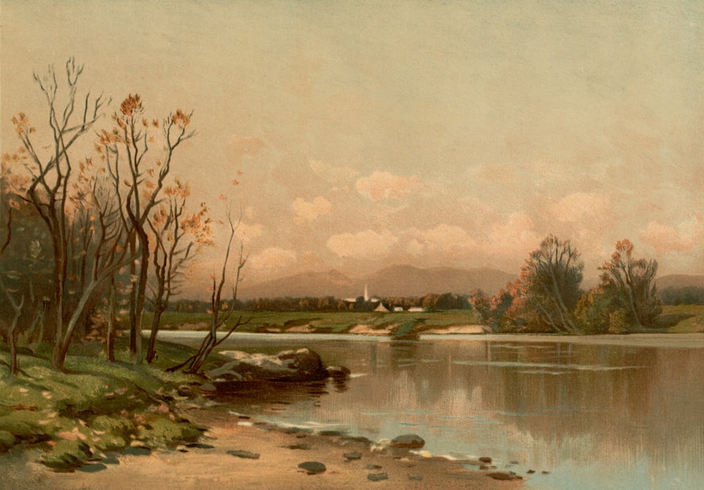 a painting of a river with trees and a house in the distance