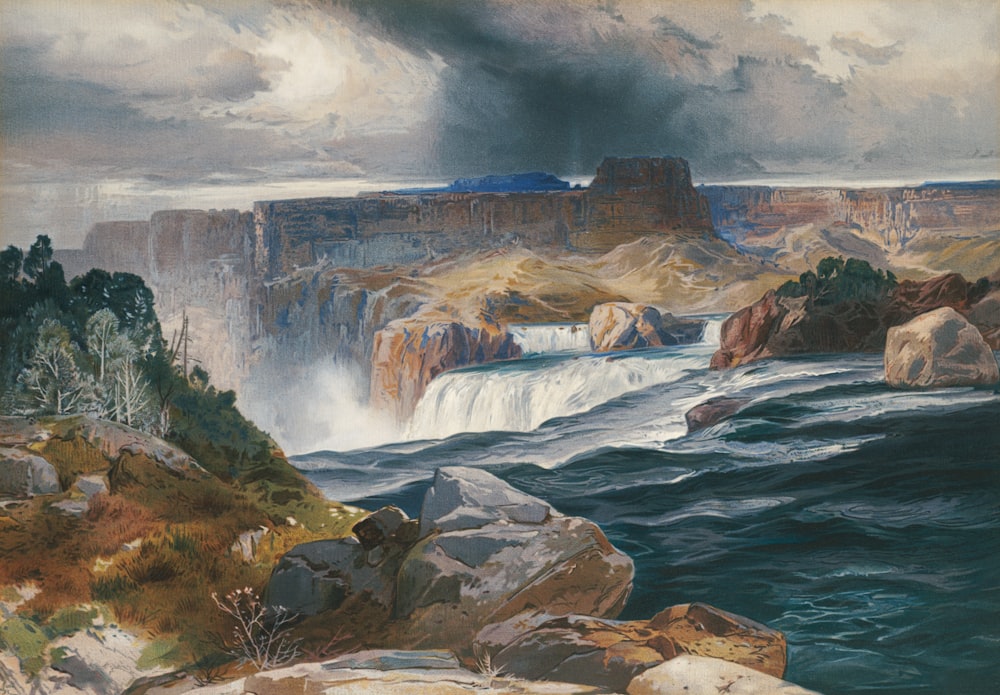 ein Gemälde eines Wasserfalls in der Mitte eines Flusses