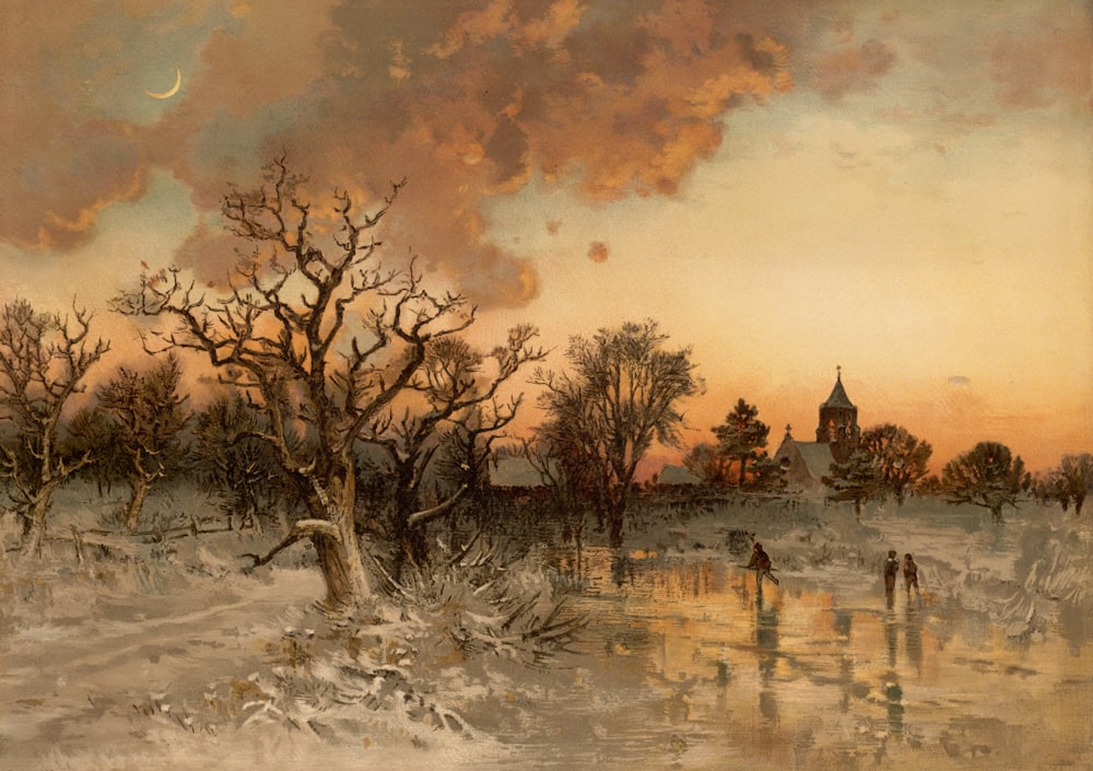 a painting of a winter scene with people walking in the snow